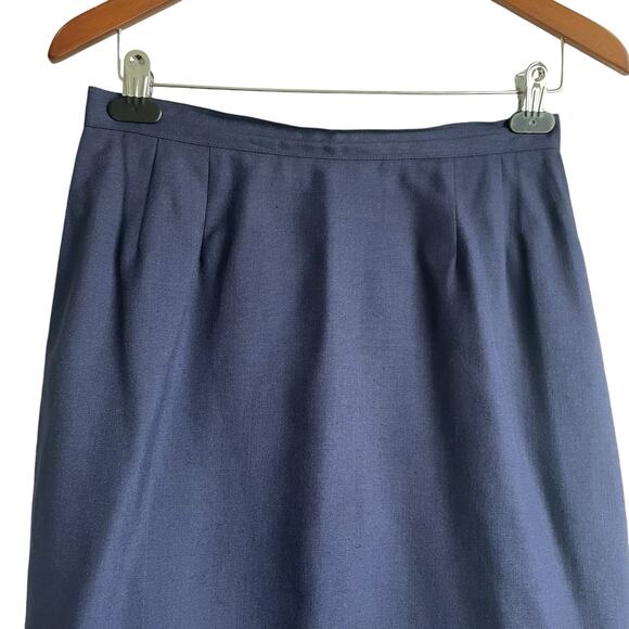 Women Pencil Skirt 10 Navy Midi Length Rayon Linen Pleated Uniform Secretary Y2K - Picture 9 of 10